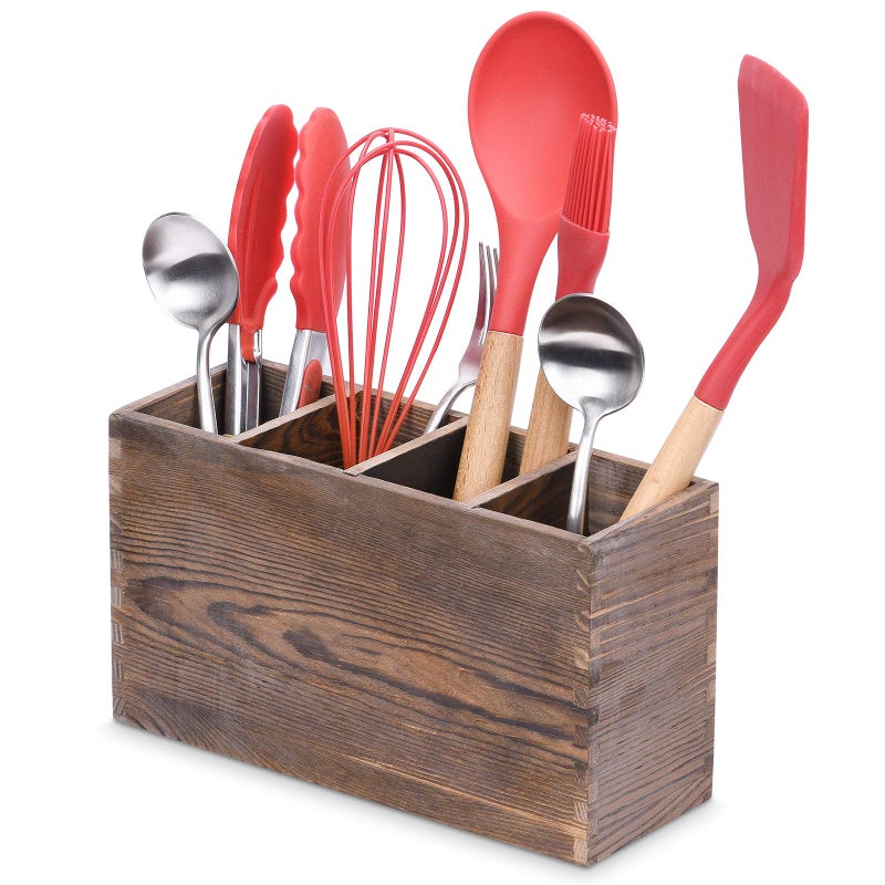 WuGeShop 4 Compartment Wooden Utensil Holder Organizer for Kitchen Countertop Organizer and Cooking Tools Storage - Image 1